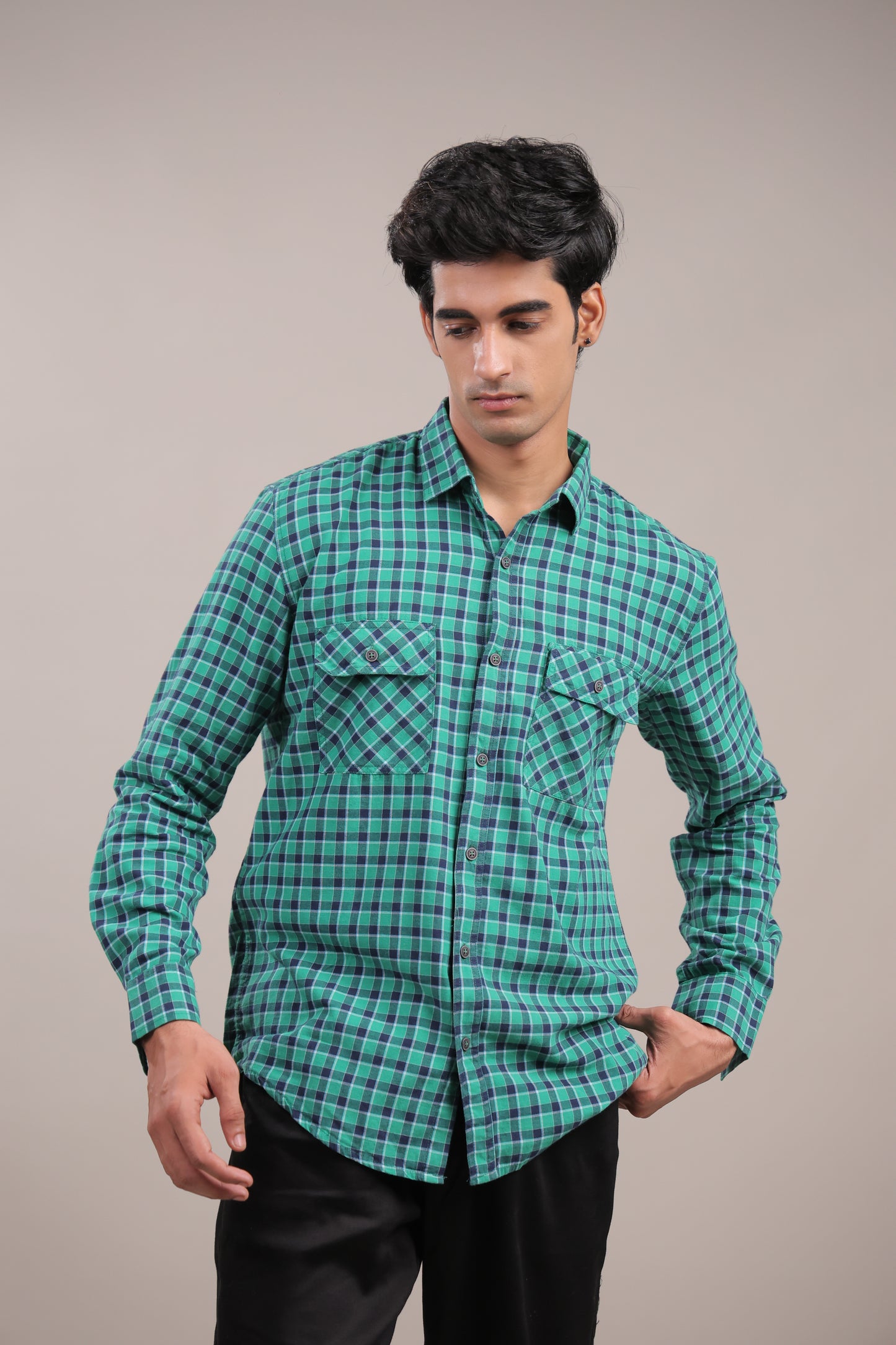 Manthan – Checkered Shirt (Green-Blue)