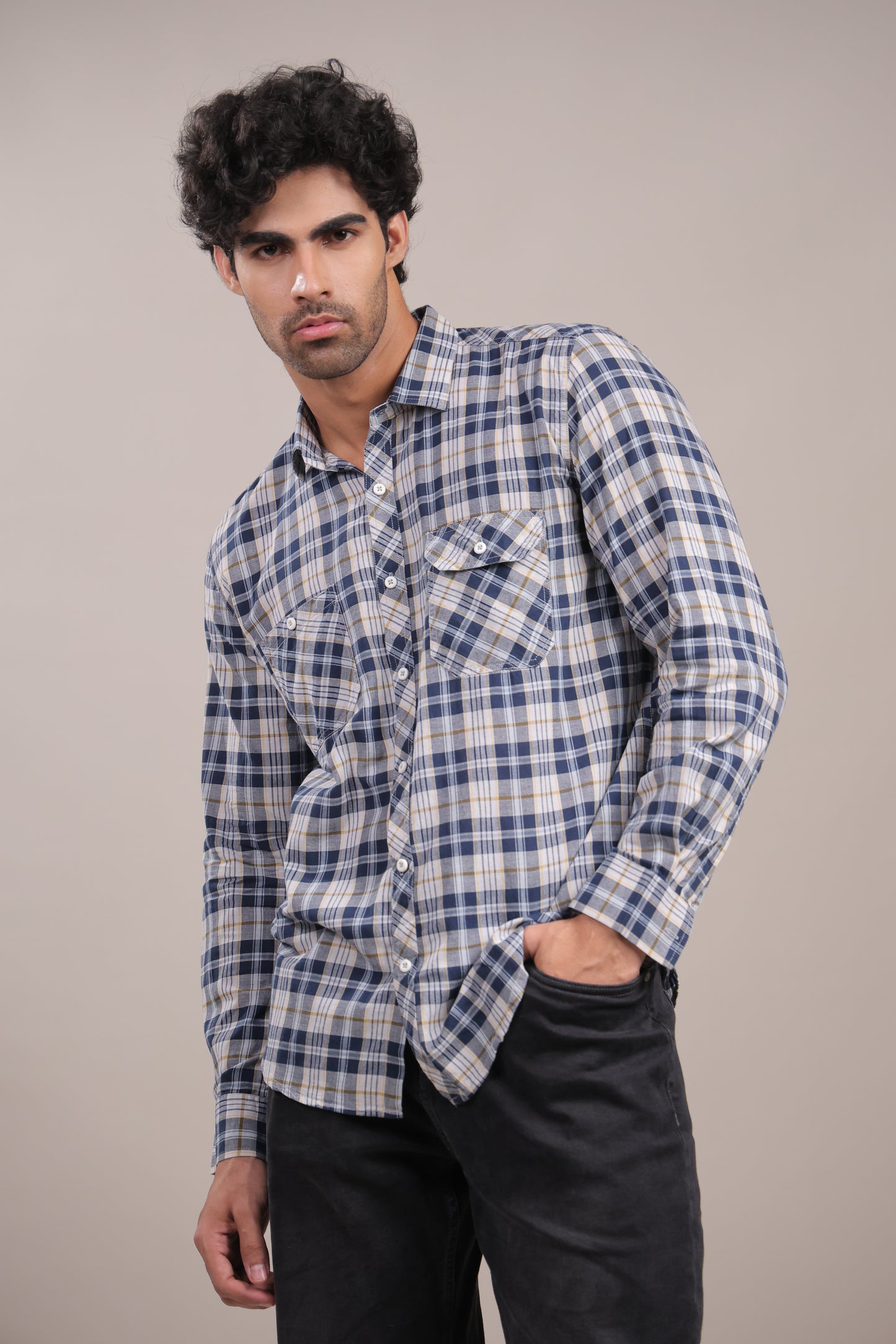 Manthan – Checkered Shirt (Blue-White-Yellow)