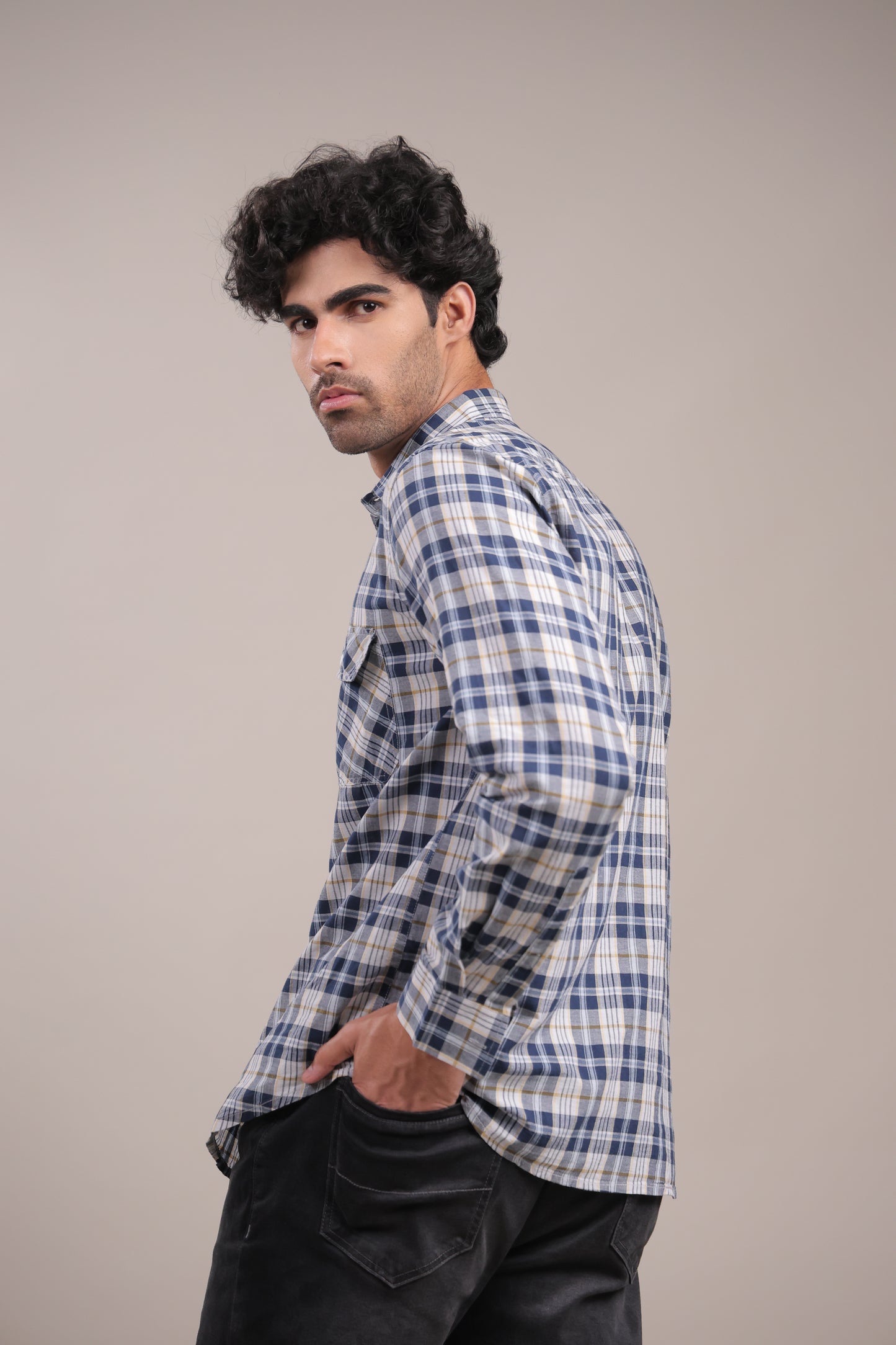 Manthan – Checkered Shirt (Blue-White-Yellow)