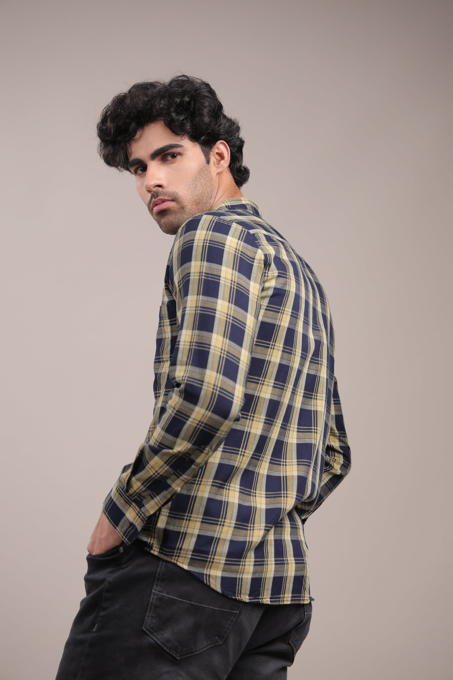 Manthan – Checkered Shirt (Dark Blue - Yellow) - Binioz