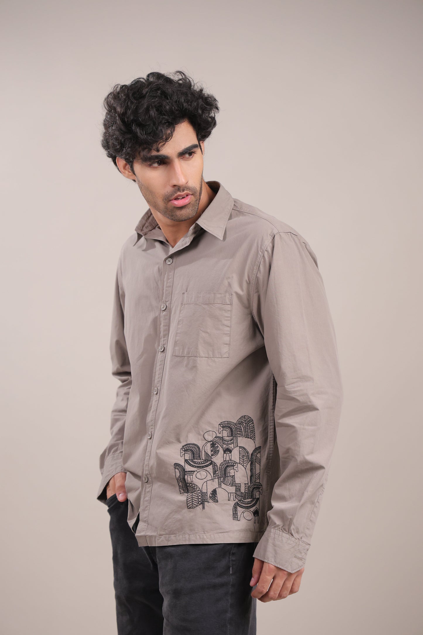 Prakriti – Grey Embroidered Recycled Shirt - Binioz