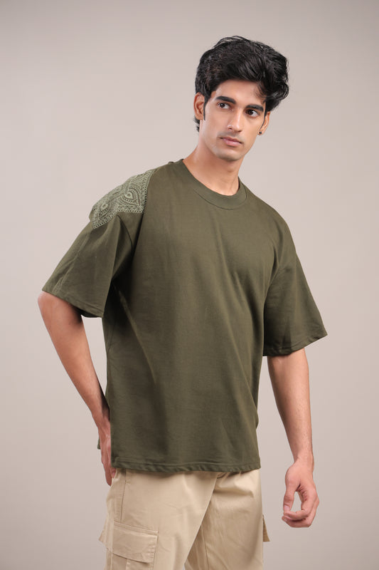 Sutra – Dark Green Embroidered T-Shirt