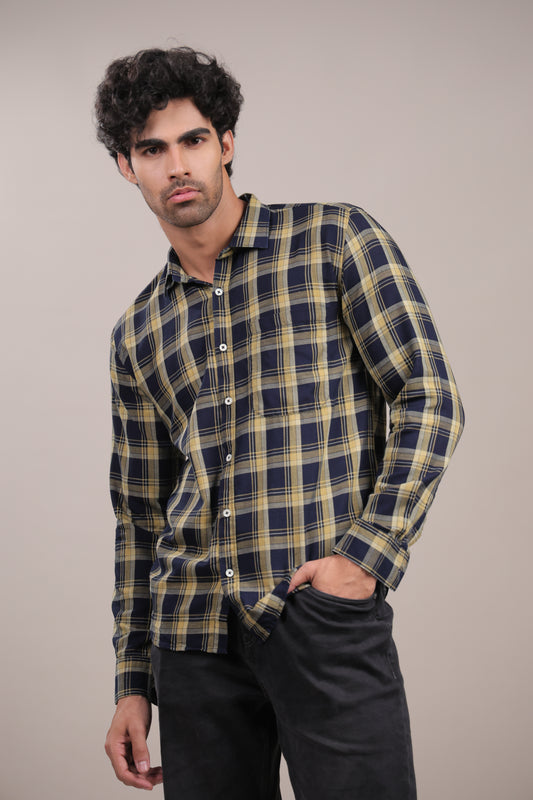 Manthan – Checkered Shirt (Dark Blue-Yellow)