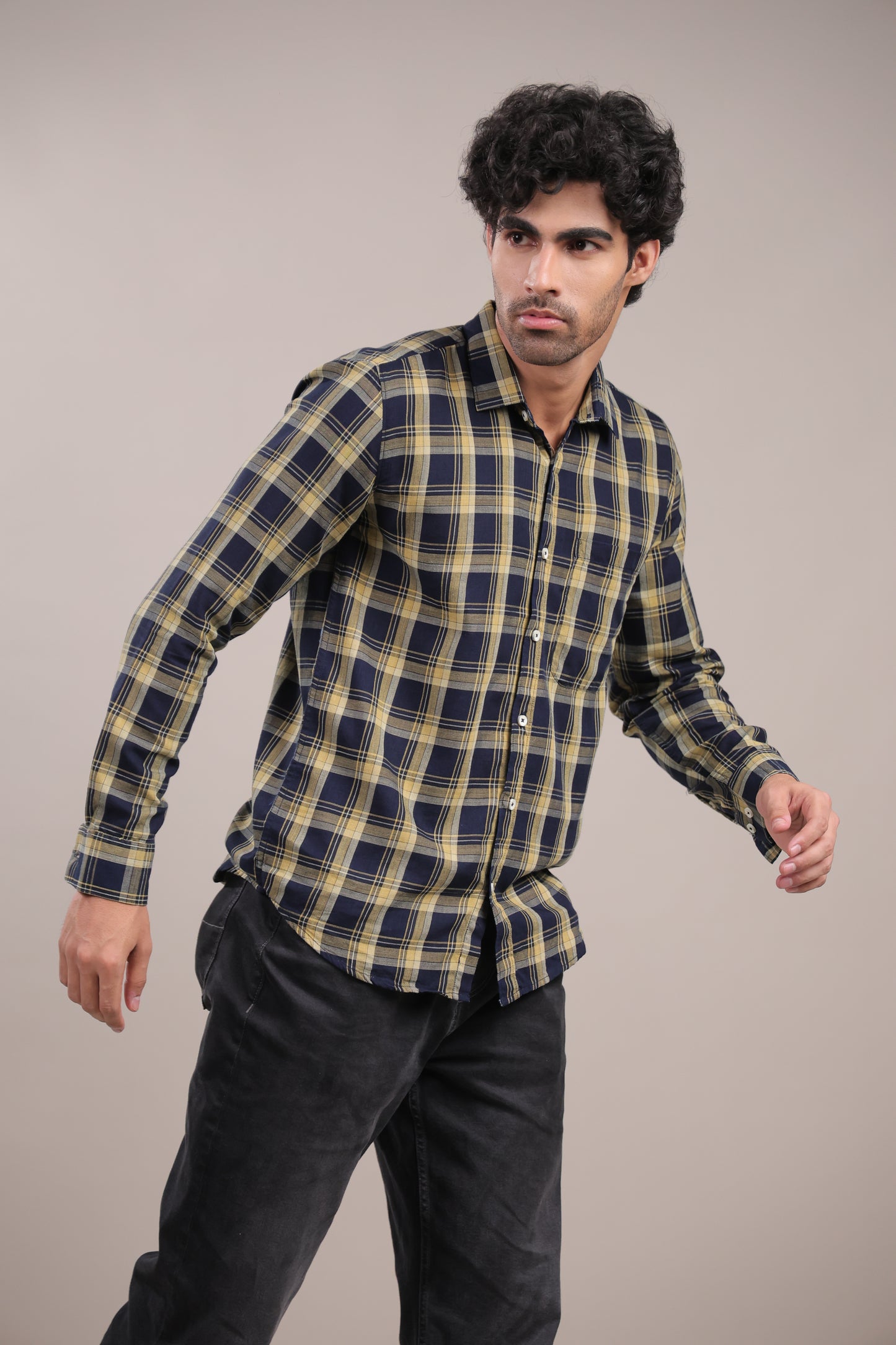 Manthan – Checkered Shirt (Dark Blue-Yellow)