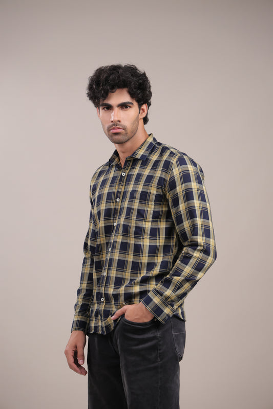 Manthan – Checkered Shirt (Dark Blue-Yellow)