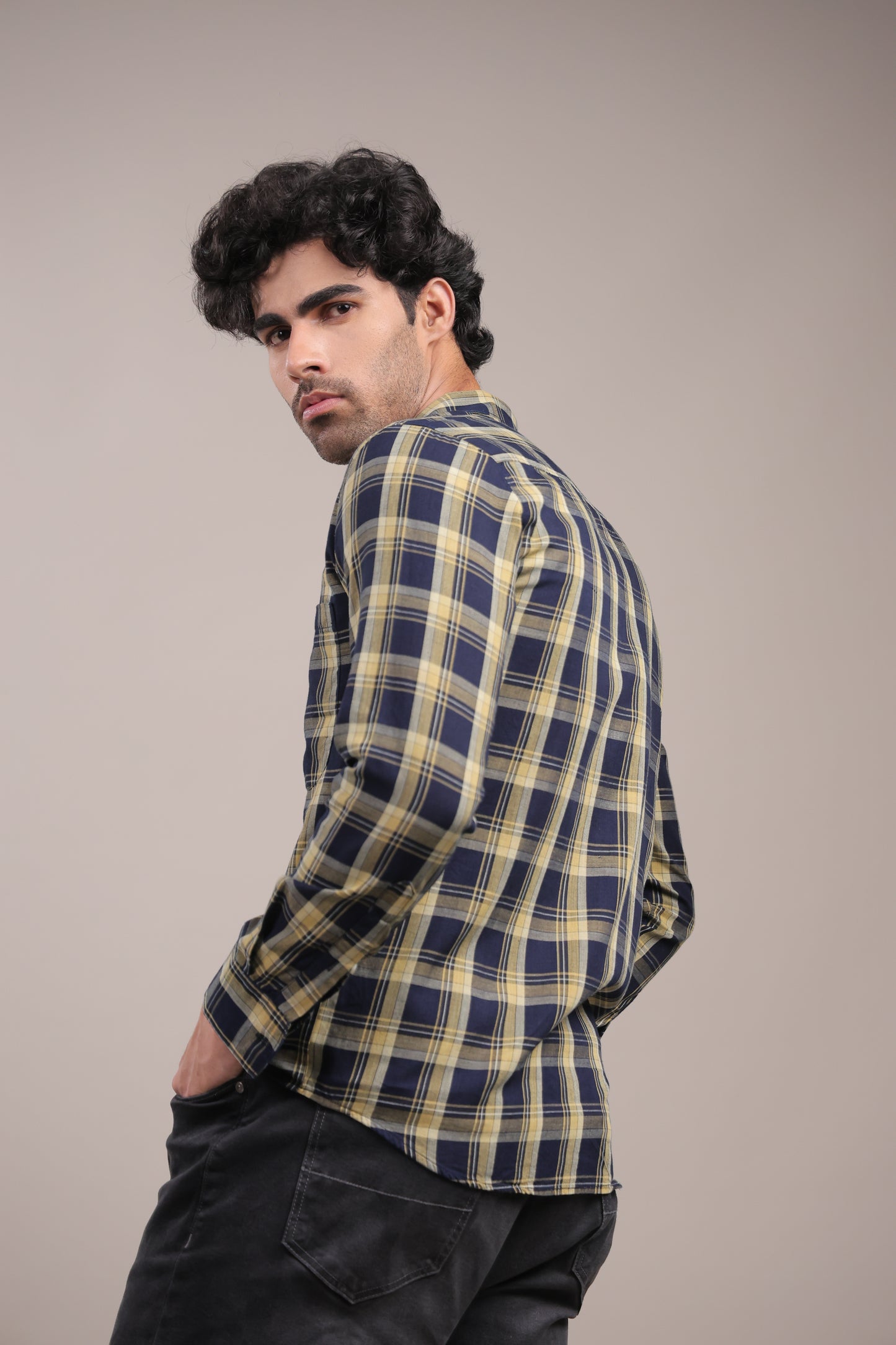 Manthan – Checkered Shirt (Dark Blue-Yellow)