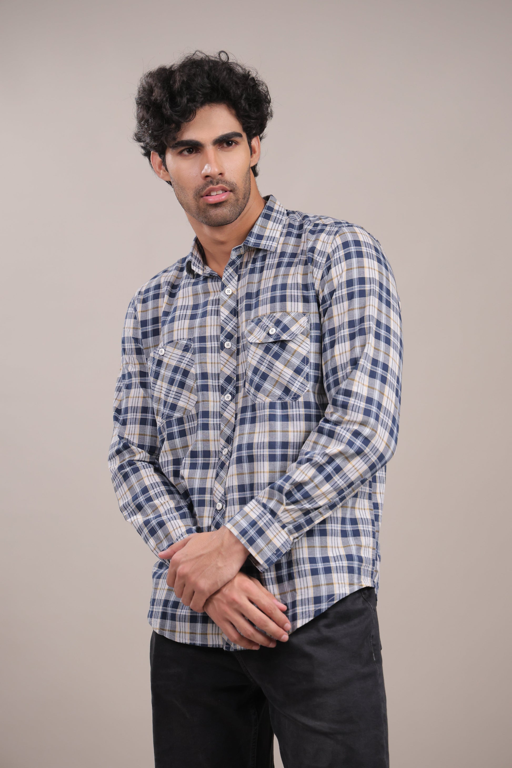 Manthan – Checkered Shirt (Blue - White - Yellow) - Binioz