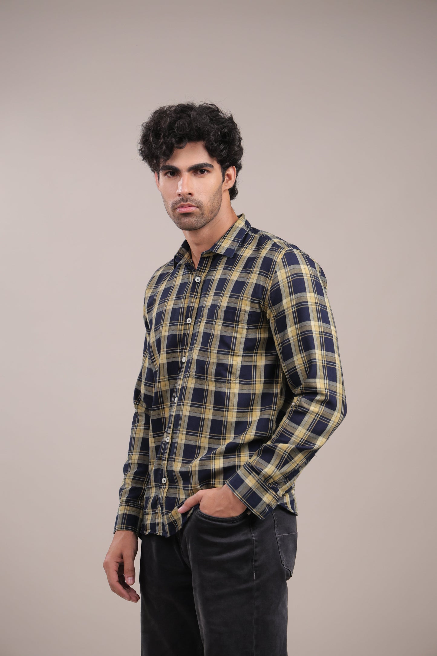 Manthan – Checkered Shirt (Dark Blue - Yellow) - Binioz