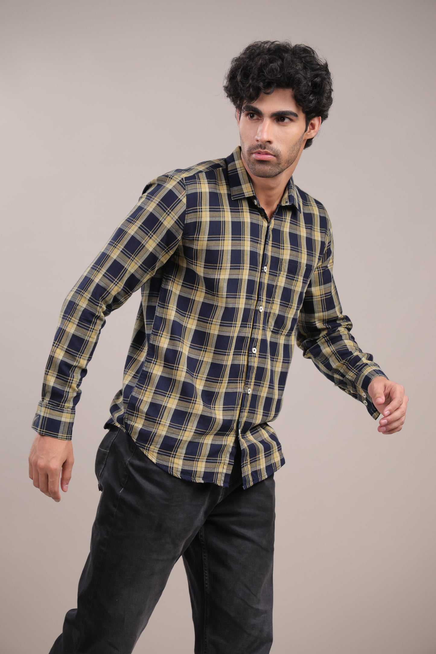 Manthan – Checkered Shirt (Dark Blue - Yellow) - Binioz