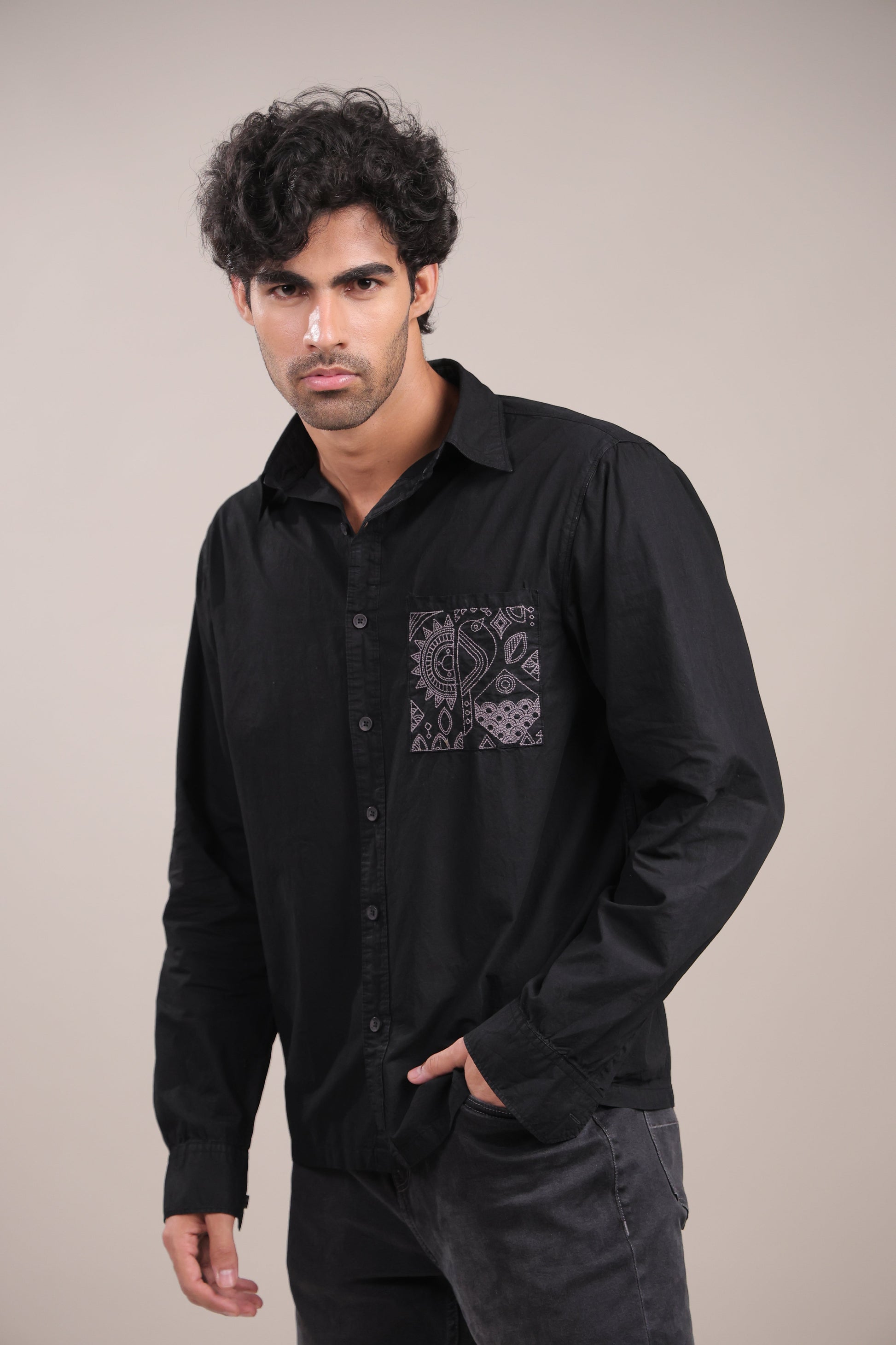 Prakriti – Black Embroidered Recycled Shirt - Binioz