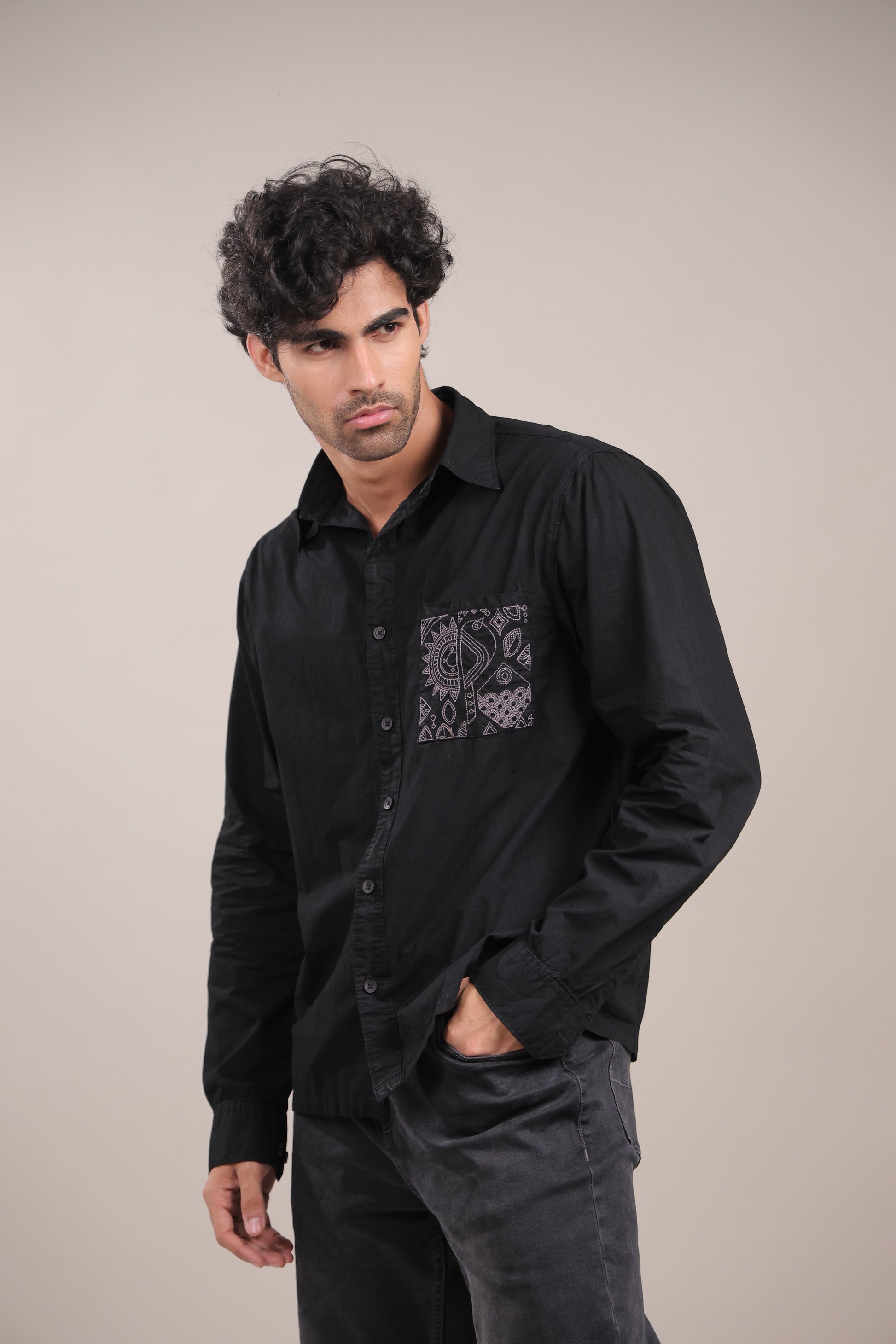 Prakriti – Black Embroidered Recycled Shirt - Binioz