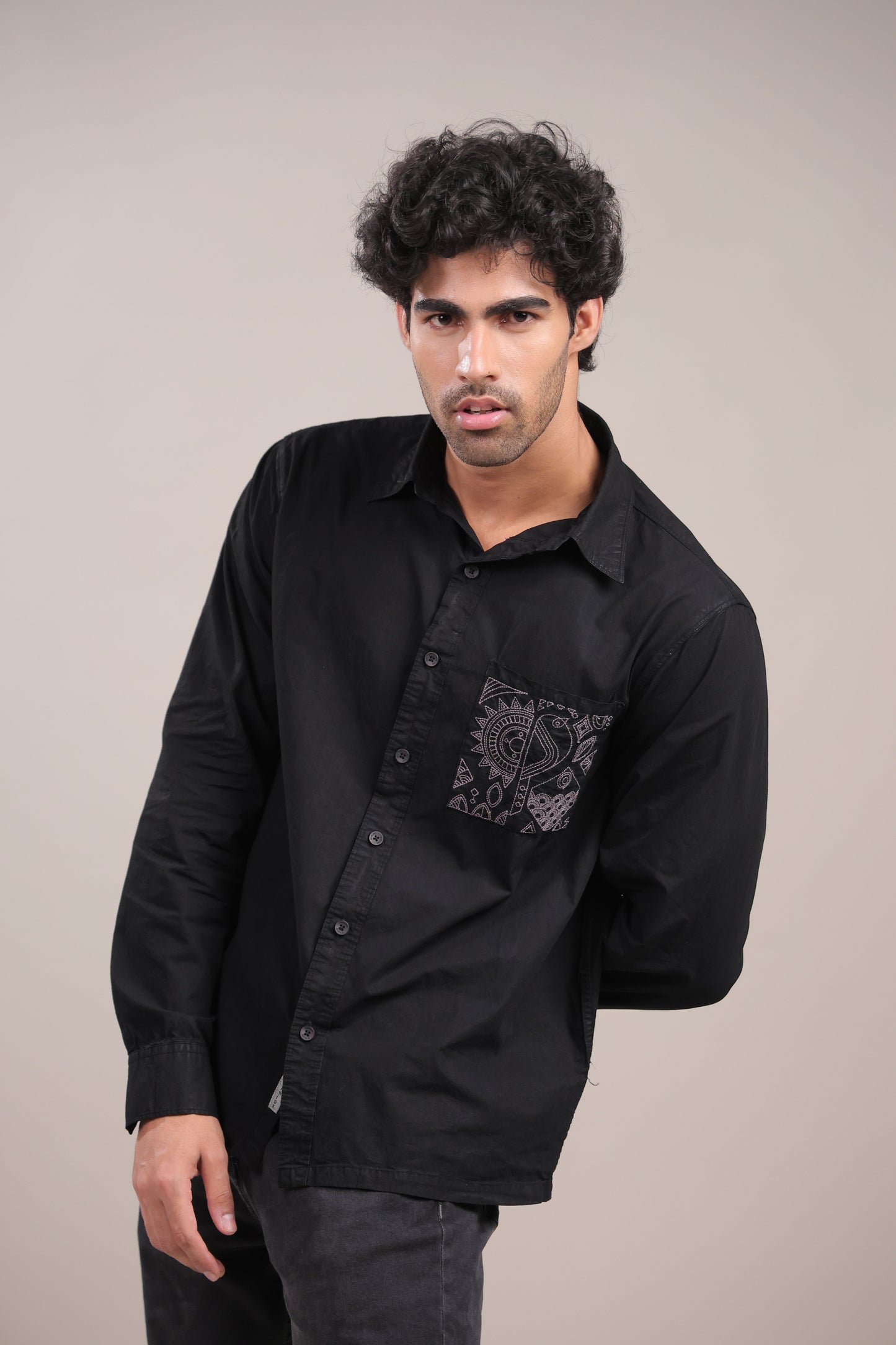 Prakriti – Black Embroidered Recycled Shirt - Binioz