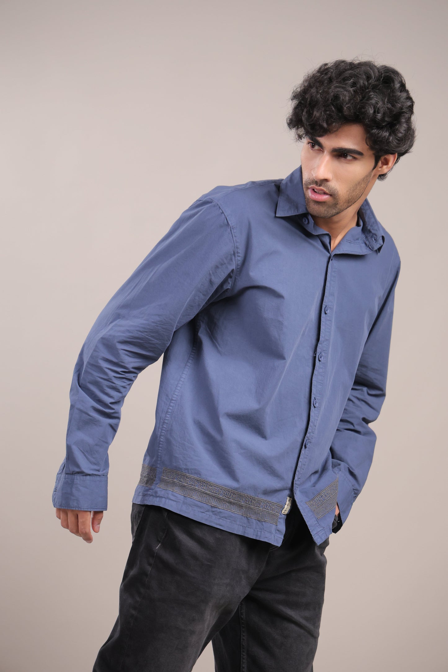 Prakriti – Dark Blue Embroidered Recycled Shirt - Binioz