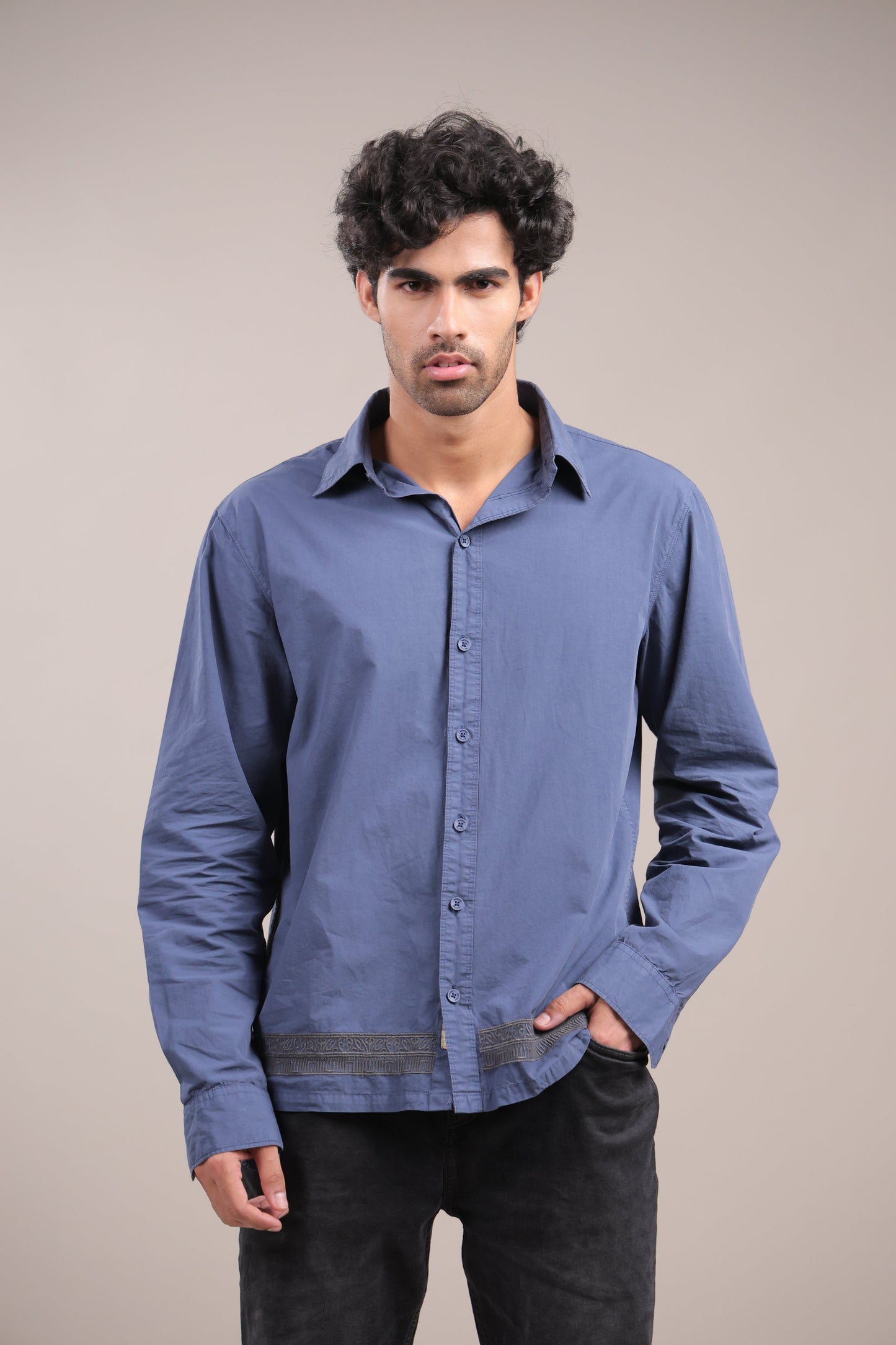 Prakriti – Dark Blue Embroidered Recycled Shirt - Binioz