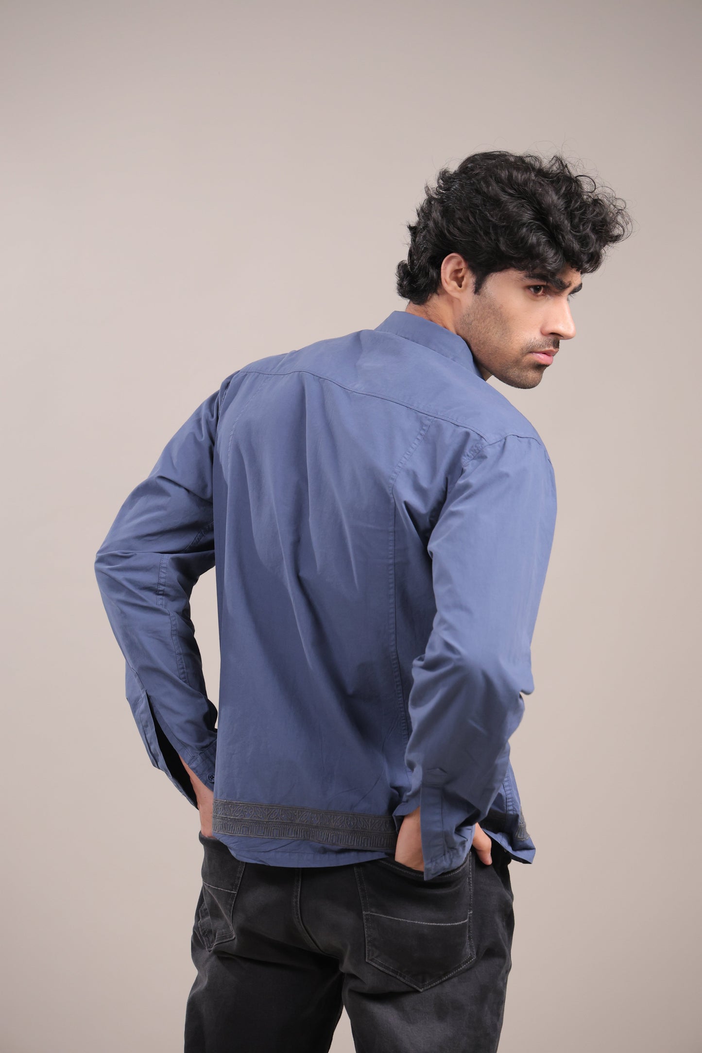 Prakriti – Dark Blue Embroidered Recycled Shirt - Binioz