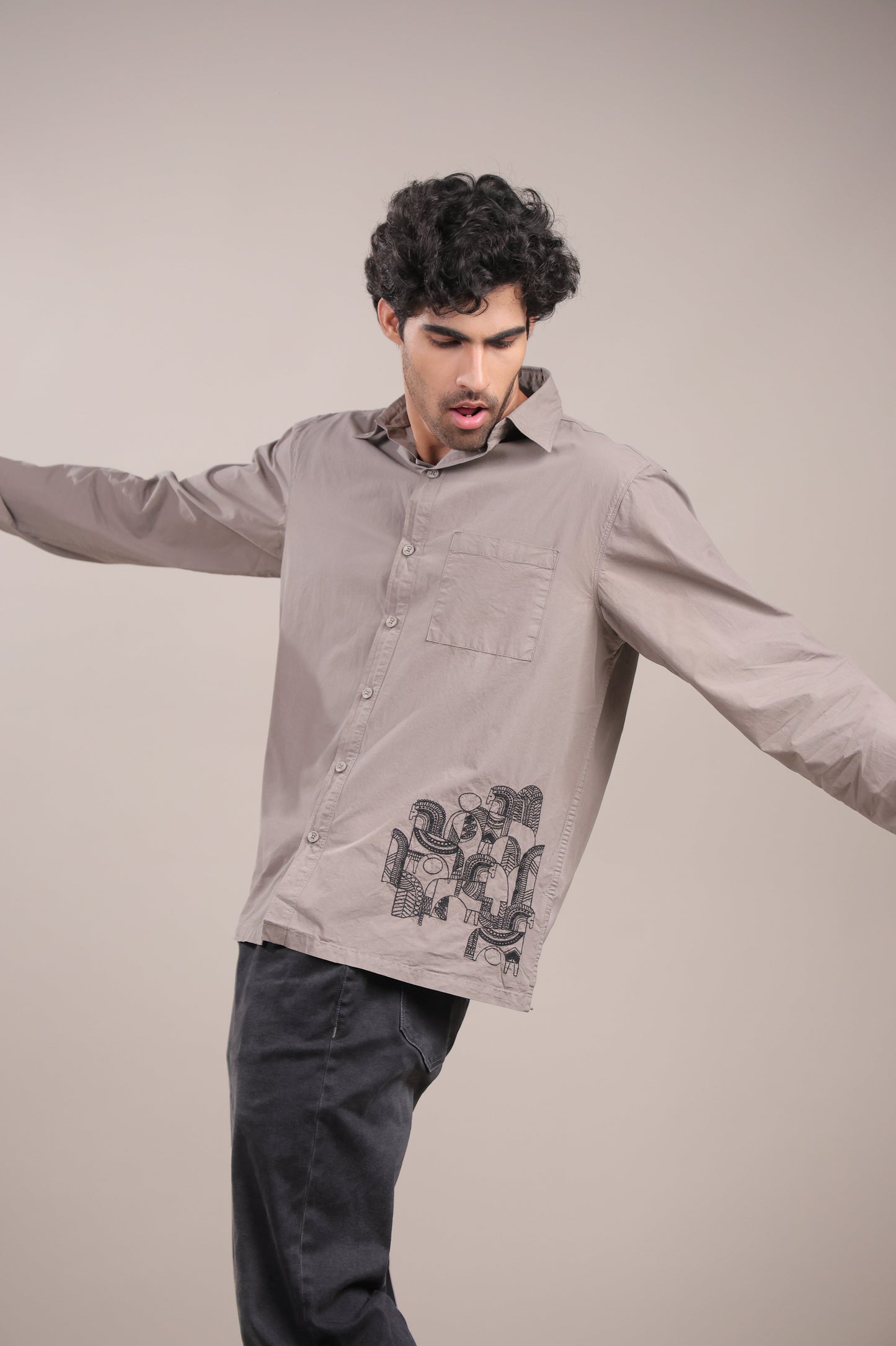 Prakriti – Grey Embroidered Recycled Shirt - Binioz