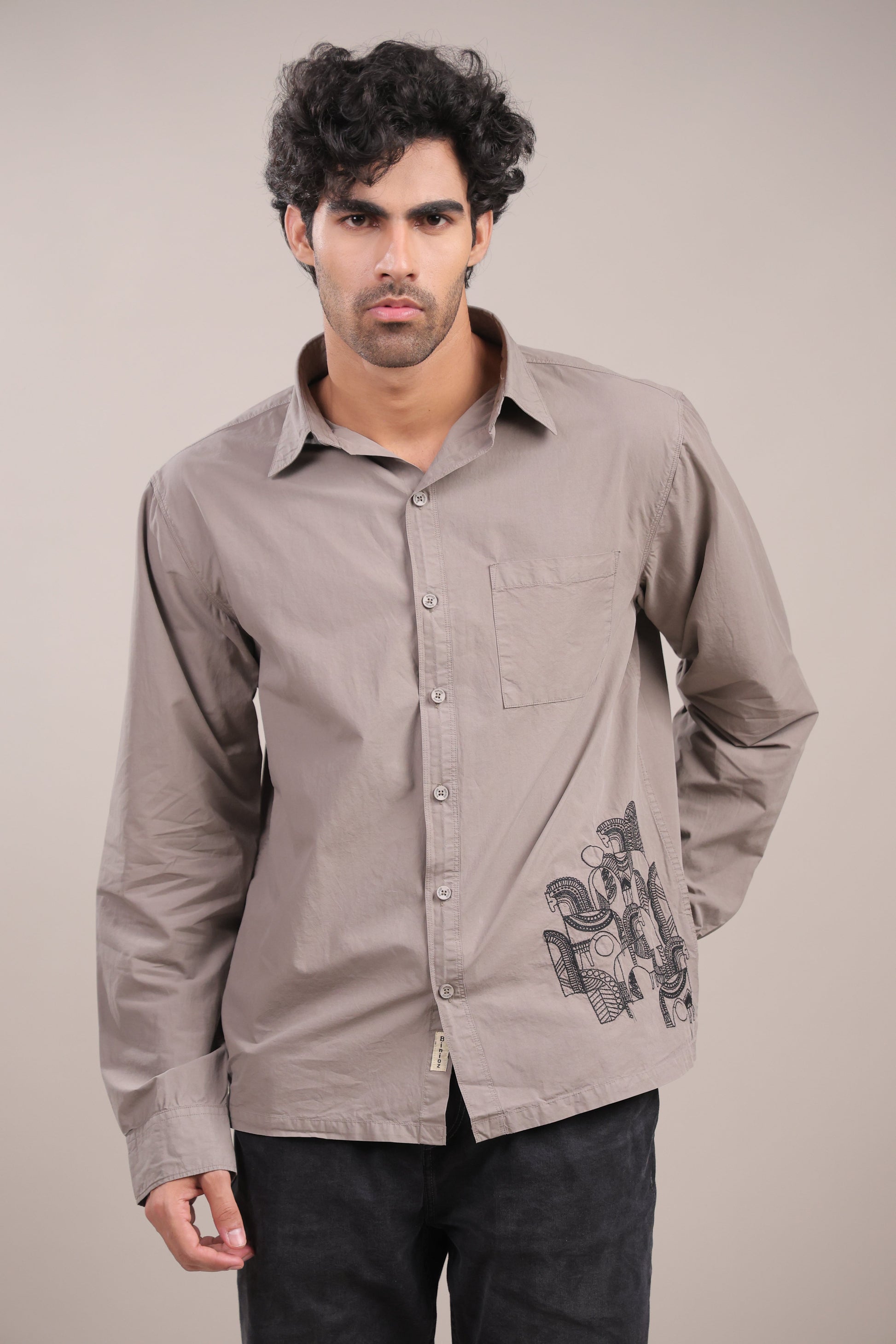 Prakriti – Grey Embroidered Recycled Shirt - Binioz