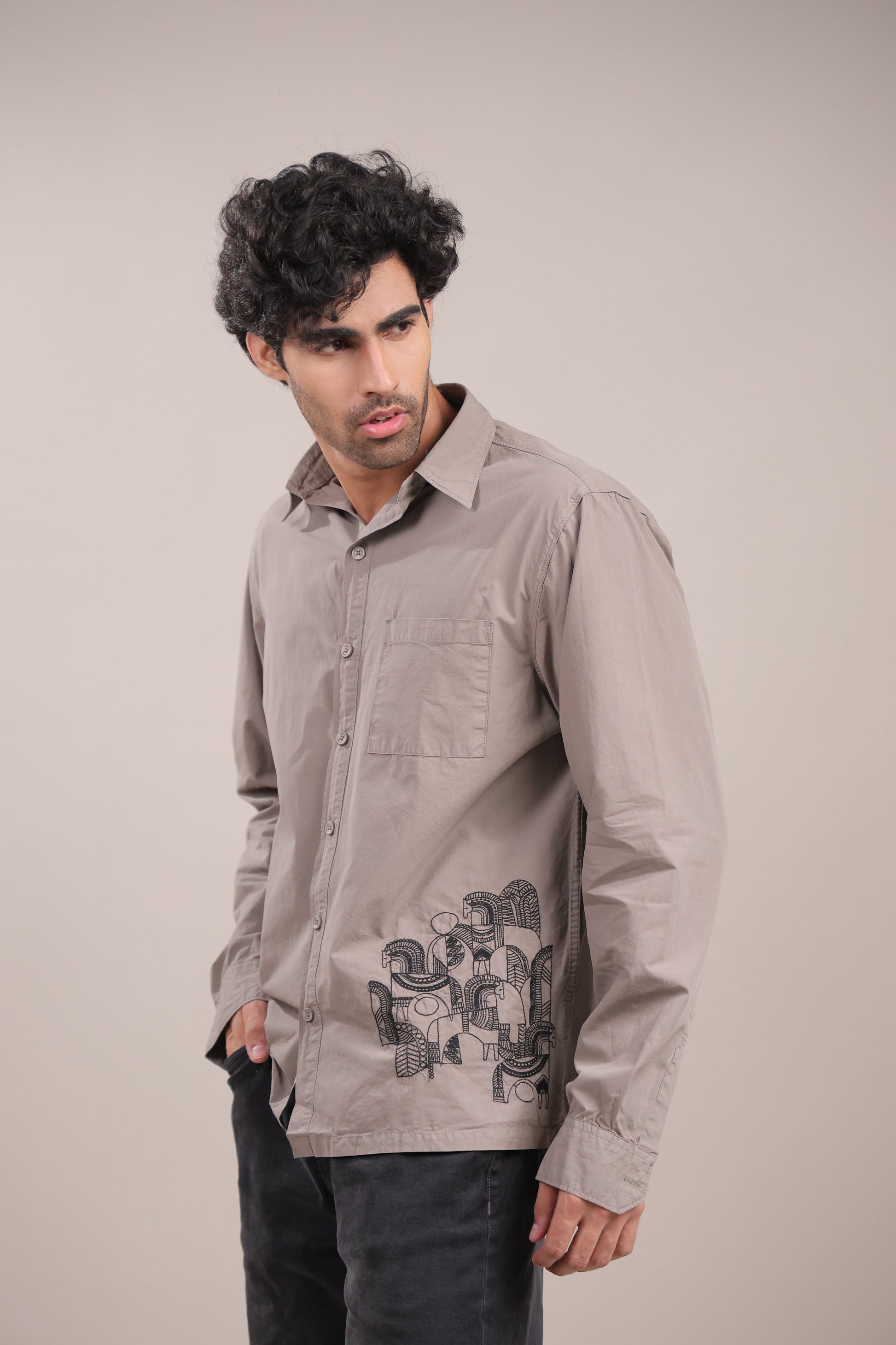 Prakriti – Grey Embroidered Recycled Shirt - Binioz